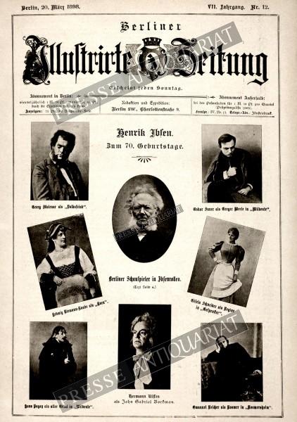 Henrik Ibsen. Zum 70. Geburtstage. Berliner Schauspieler in Ibsenrollen. (Text Seite 6.) Georg Molenar als „Volksfeind“. Oskar Sauer als Greger Werle in „Wildente“. Hedwig Niemann-Raabe als „Nora“. Gisela Schneider als Regine in „Gespenster“. Hans Pagay a