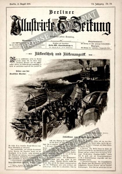 Berliner Illustrierte Zeitung 1898 Küstenschutz und Küstenangriff. Bilder aus der Deutschen Marine: Schnellfeuer und Abwehr eines Torpedo. Originalzeichnung von A. Jensen.