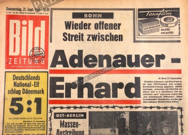 Bild Zeitung 21. September 1961: Bonn: Wieder offener Streit zwischen Adenauer - Erhard.