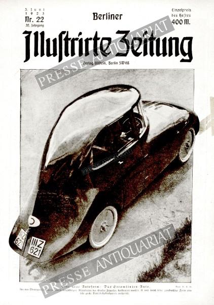 Automobil 1923: Eine neue Autoform: Das Stromlinien-Auto, das von Oberingenieur Jaray, einem langjährigen Mitarbeiter des Grafen Zeppelin, konstruiert worden ist und durch seine zweckmäßige Form eine sehr große Betriebsstoffersparnis verspricht. Phot. B.