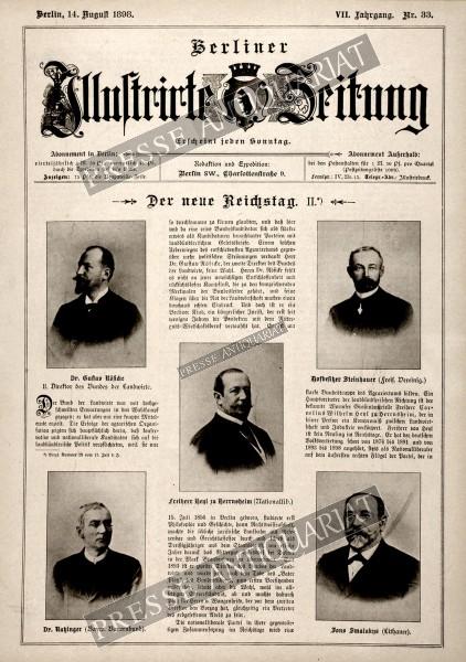 1895 Der neue Reichstag II. Dr. Gustav Rösicke, II. Direktor des Bundes der Landwirte. Hofbesitzer Steinhauer (freis. Vereinig.). Freiherr Kent zu Herrnsheim (Nationallib.). Dr. Ratzinger (Bayer. Bauernbund). Jons Smalakys (Lithauer).